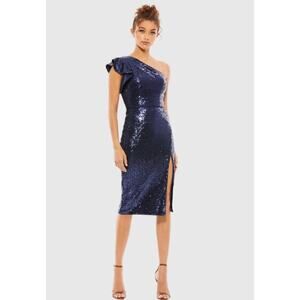 Mac Duggal Navy Blue Sequined Flutter One Shoulder Fitted Midi Dress Size 6